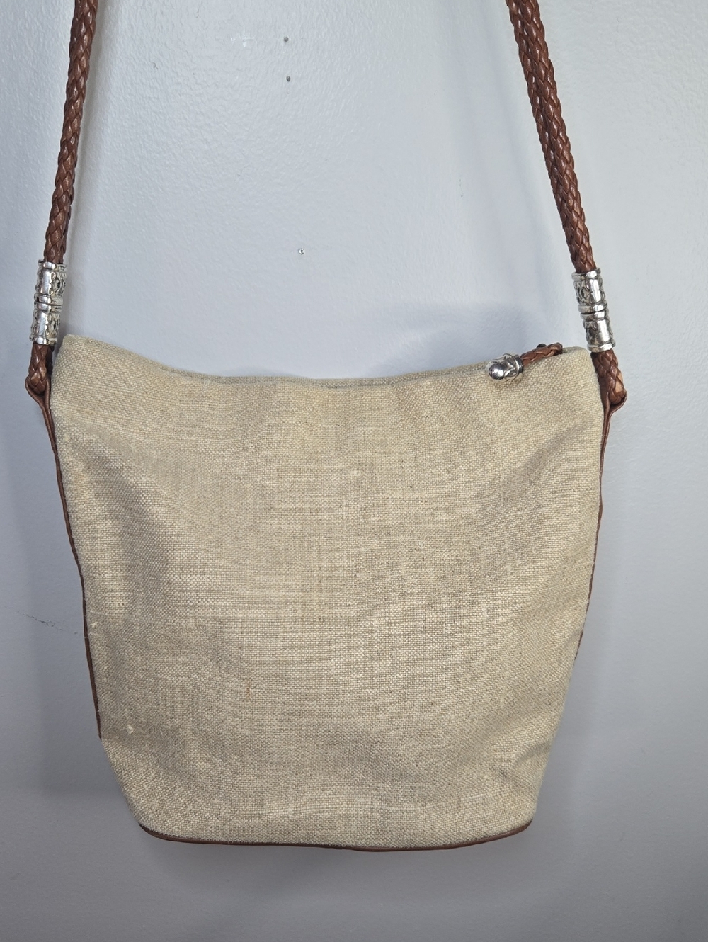 Women's Beige Canvas Bucket Style Shoulder Bag Faux Leather Metal Accents
